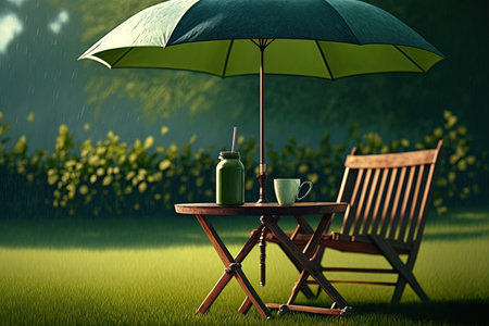 picture of a chair in a park with a green lawn, a coffee table, and an umbrellaの素材