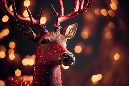 Vertical image of a Christmas red deer with bokeh lights in the backdropの素材