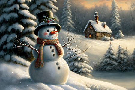 Hand painted Christmas snowman in a pleasant winter settingの素材