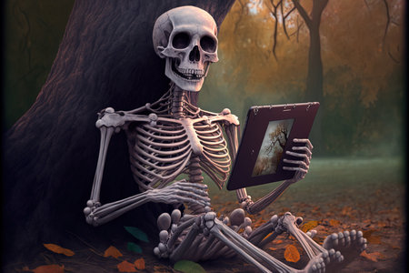 Skeleton carrying a Halloween tablet while reclining against a treeの素材