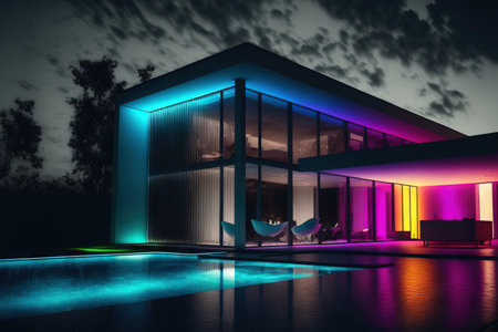 In a contemporary villa at night, colored led lighting. No one is insideの素材