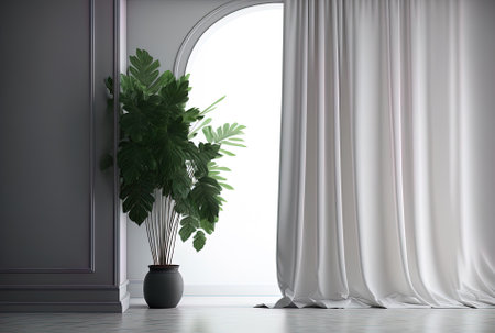 Interior design of a contemporary empty room with drapes and a plantの素材