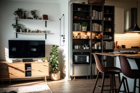 Interior of a hygge home with a wooden floor, a TV, and a bookcaseの素材