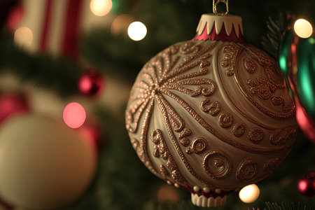 On a Christmas tree, there are holiday decorationsの素材