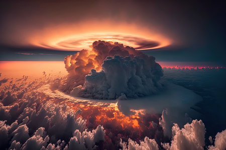 Stunning sunset with a cloudy sky from above. An aerial view of the cloudsの素材