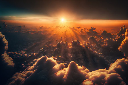 Stunning sunset with a clouded sky from above. An aerial view of the cloudsの素材