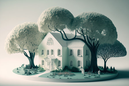 White home with a garden and trees on a plot of landの素材