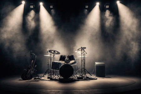 empty stage with lighting, a drum set, a guitar, and micsの素材