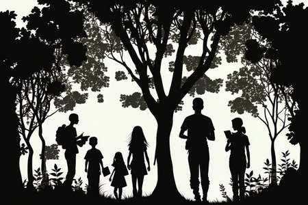 a wooded area with tree and person silhouettesの素材