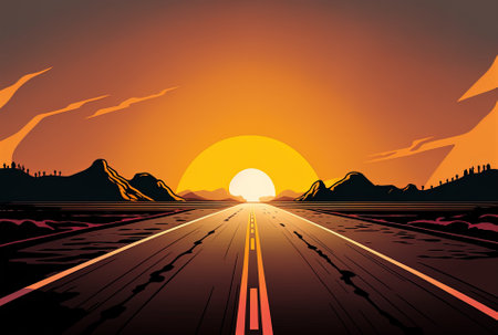 at sunset, a deserted asphalt roadway is seen against a brilliant sunの素材