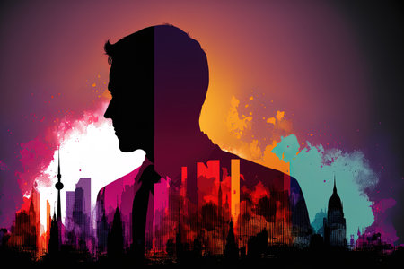 Silhouette of a businessman in a vibrant metropolisの素材