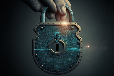 security and privacy represented by a hand holding a padlock with binary digital codeの素材