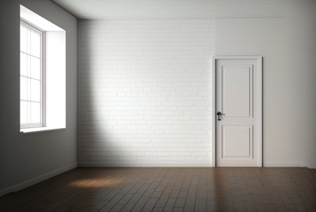 Room with a hardwood floor and an empty white brick wall. frontal, mocking,の素材