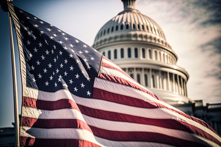 Waving American flag with Capitol Hill in the distanceの素材
