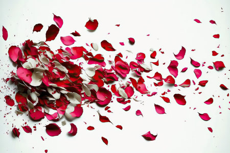 Rose petals tumbling against a white backgroundの素材