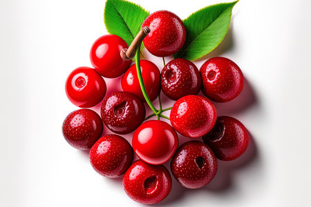 Red juicy cherry isolated on white backdrop. looking up. Lay flatの素材