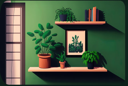 facsimile of an interior wall with a plant green shelf and wall in officeの素材