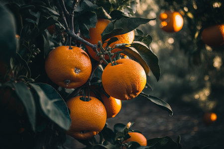 Hanging ripe oranges in the tangerine gardenの素材