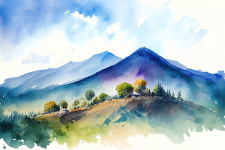 Landscape with a blue sky, mountains, and hills in watercolorの素材