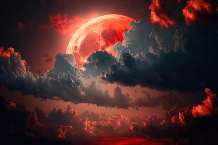 Moon and sunset in red. Stunning black fluffy clouds and sunraysの素材