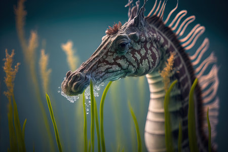 Seahorse with a long snout along Posidoniaの素材