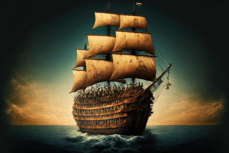 Tourists and pirates on a ship in the oceanの素材