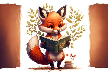cute fox cartoon figure holding a bookの素材