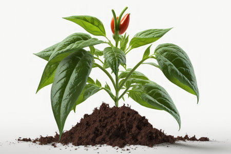 On a white background, a young paprika plant is depictedの素材