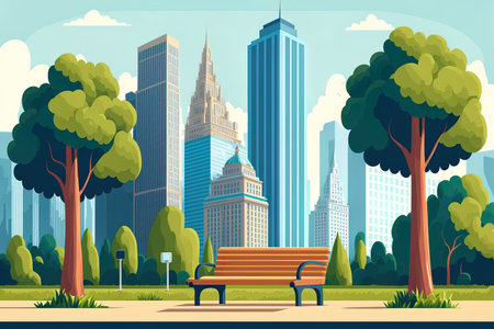 skyscrapers, seats, and trees in a city parkの素材
