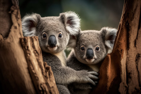 In Brisbane Nature Reserve, koalas perched on a treeの素材