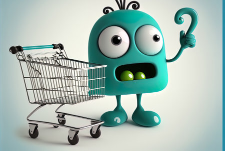mascot with a question mark sign and a trolley for a shopping cartの素材