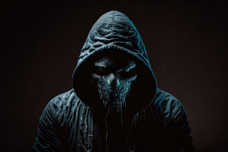 Masked hacker on a dark surfaceの素材