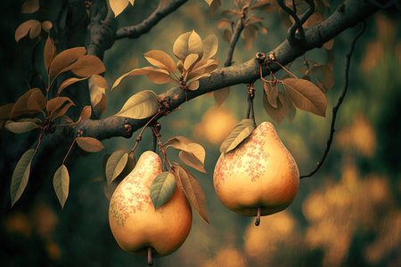 In an orchard, ripe Japanese pears are hanging from treesの素材