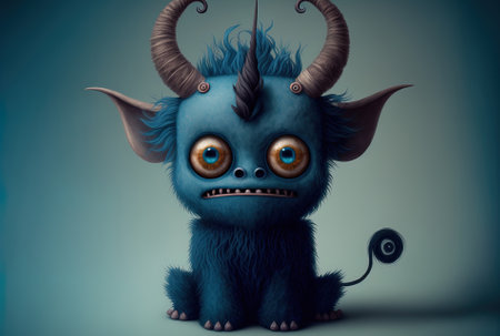 Illustration of a cute blue colored cartoon monster with horns that makes you queasyの素材