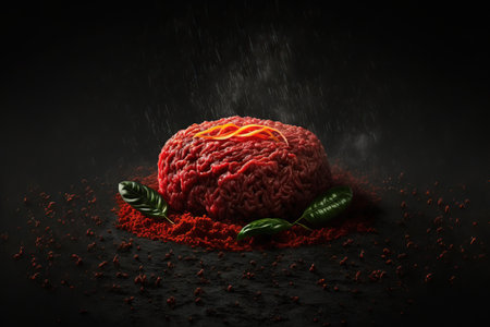 Raw ground beef on a dark background. looking up.の素材