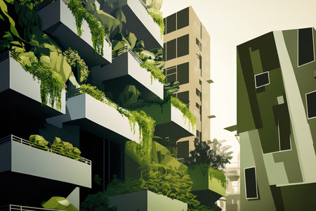 Modern apartment structures in a metropolitan neighborhood with greeneryの素材