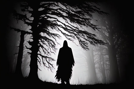A person dressed as a ghost near tree in a woodlandの素材