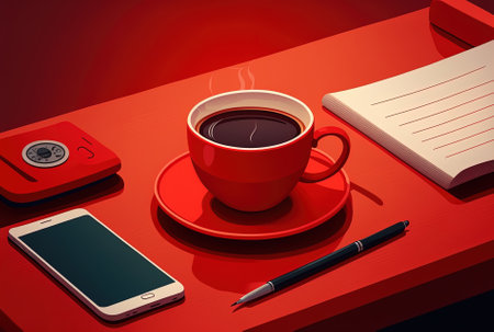 Stylish red office desk with a cup of coffee and a smartphoneの素材