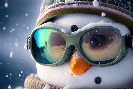 close up of a snowman wearing ski gogglesの素材