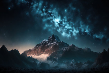 mountains and stars in the night sky as a backdropの素材