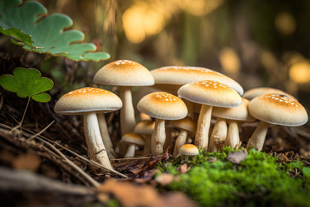 ground level mushrooms in close upの素材