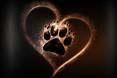Paw print of a puppy or kitten on a backdrop of a loving heartの素材