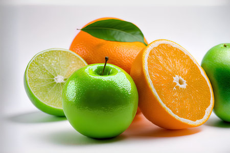 closeup of green apples and oranges on a white backdropの素材