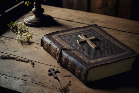 the wooden table with the holy bible in naturexaの素材