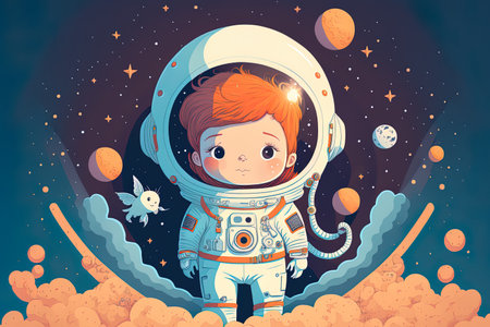 Illustration of a cute young astronaut in spaceの素材