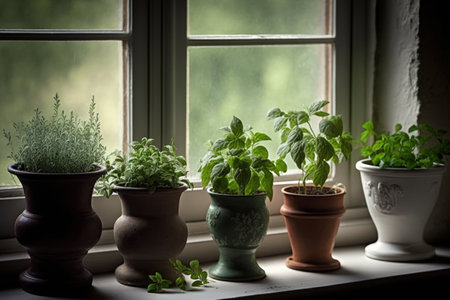 Various fragrant potted plants inside on a windowsillの素材