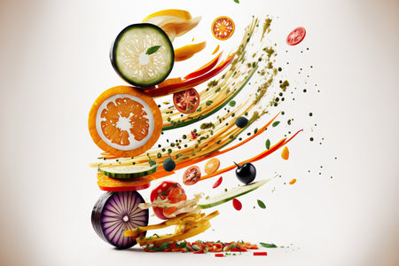 Slices of cooked vegetables falling against a white backgroundの素材