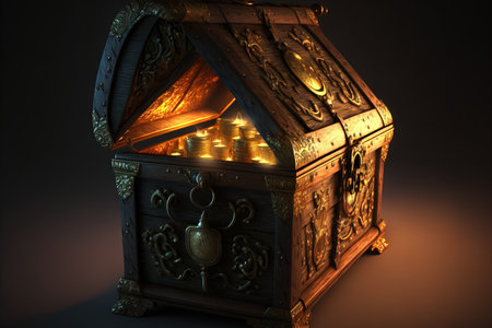 Several gold money and lights are hidden within an antique pirate treasure chestの素材