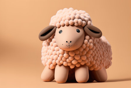 Soft, amusing sheep toy, isolated on peach colored backdropの素材
