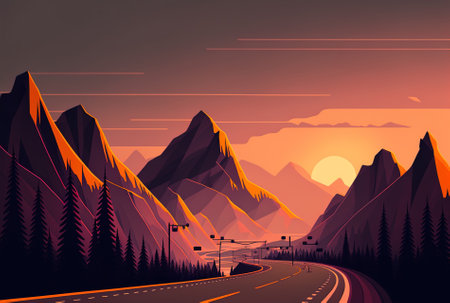 Mountains in the background with highways on them, and a hazy sky at sunsetの素材